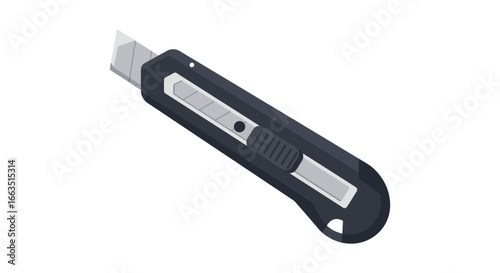 A black handled utility knife with silver blade on white background