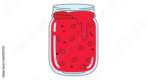 A jar of red jam with fruit pieces and a dripping lid
