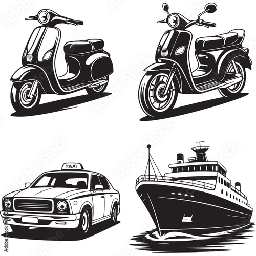 Art of a diverse collection of transportation icons featuring two scooters, a taxi car, and a large ship, all rendered in black and white, isolated on a