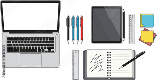 Laptop, Tablet, Notebook, Pens, and Ruler: Flatlay Office Supplies