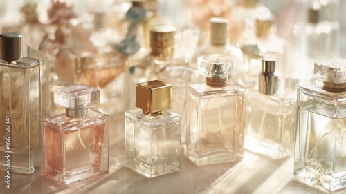 Elegant glass perfume bottles in soft golden light, showcasing luxurious fragrances, aldehyde notes, musk, and essential oils for a refined, opulent atmosphere