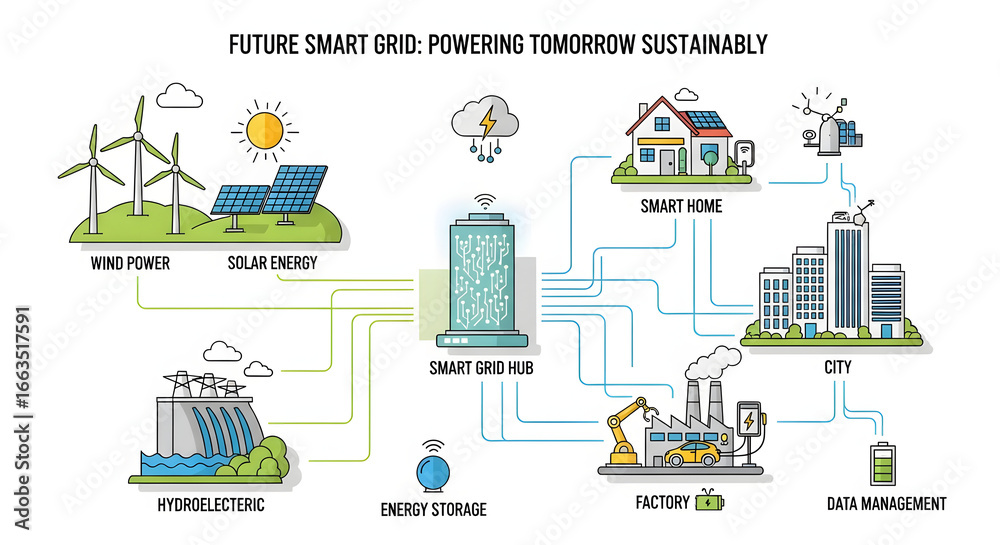 Fototapeta premium Diagram illustrating a future smart grid, showing sustainable energy sources and distribution to various consumers.