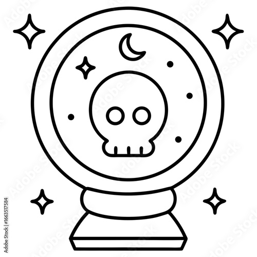 Mysterious fortune telling crystal ball with skull and crescent moon design
