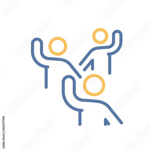 Group of three people volunteering icon. Unity, community, teamwork, collaboration, donation, volunteers, charity. Vector thin line illustration. Editable stroke.