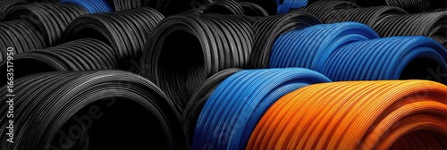 Rolled-up plastic pipes in various colors