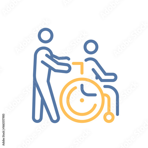 Wheelchair person with disability assistance icon. Person helping disabled, support, accessibility, care. Vector thin line illustration. Editable stroke.