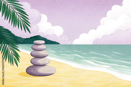 Smooth balanced zen stones arranged on sandy beach near turquoise ocean, symbolizing harmony, peace, mindfulness, and relaxation, wellness, spa, and meditation designs.