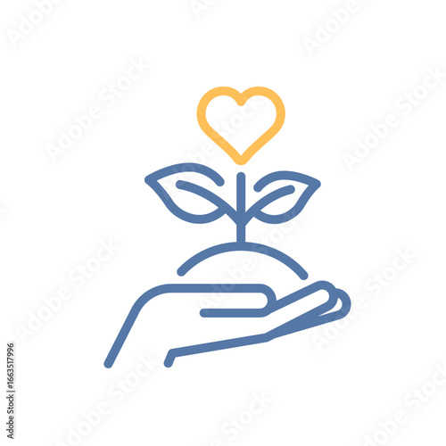 Hand holding plant flower sprout with heart icon. Growth, care, sustainability, love for nature. Vector thin line illustration. Editable stroke
