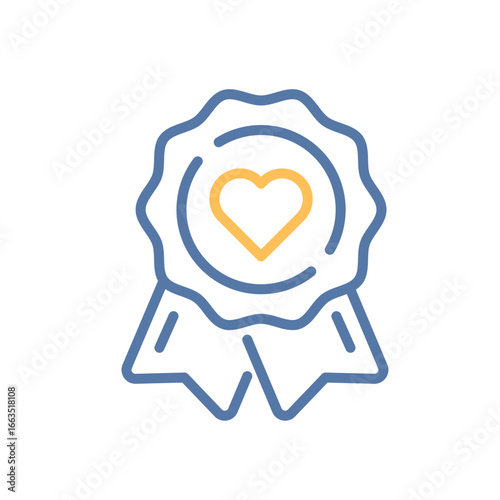 Heart award ribbon icon. Recognition, charity badge, quality mark, appreciation. Vector thin line illustration. Editable stroke.