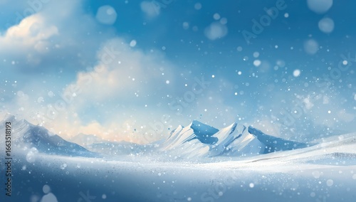 Winter wonderland landscape. Soft-focus snowy mountains under a pale blue sky, dusted with falling snow