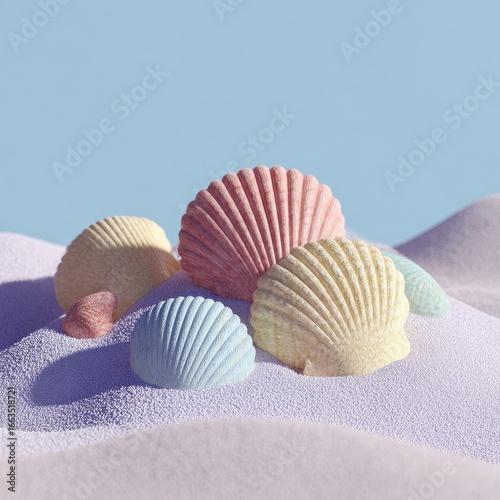 Pastel seashells on soft, textured sand against a pale blue sky