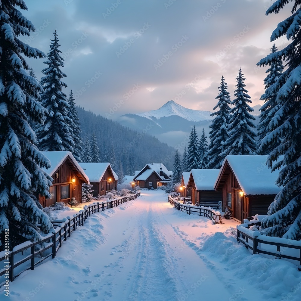 Naklejka premium Snow-Covered Village at Dusk in the mountains