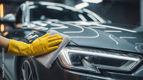 Close up a hand in gloves using white cloth polishing a car at the spotless garage. Car polishing service, Car maintenance service concept
