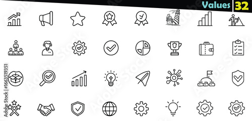 Collection of black outline icons representing business concepts and achievements on a white background