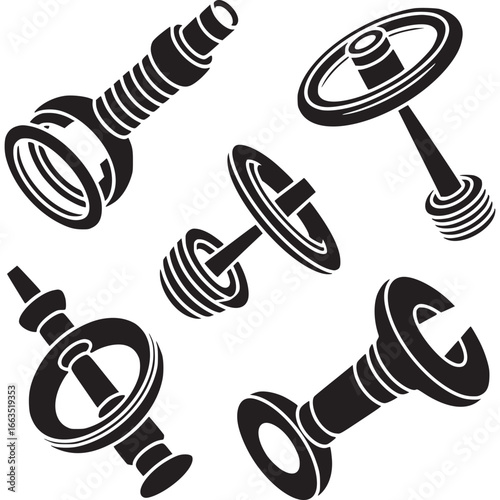 Art of set of five black mechanical parts and gears arranged in a dynamic composition