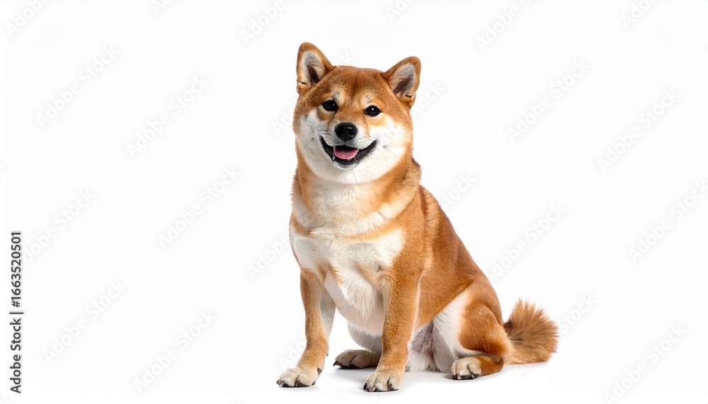 Shiba Inu dog lying on white background with tan and white coat. Shiba Inu dog lying on white background with tan and white coat.