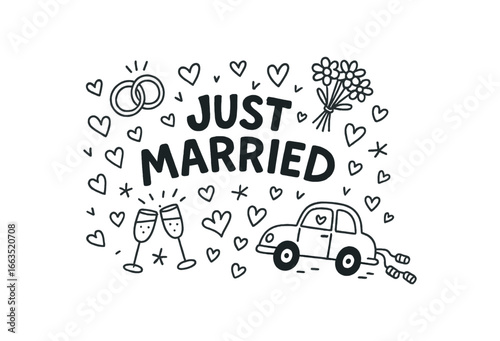 Cute doodle style illustration with large central word Just Married surrounded by various simple stroke line art doodles like wedding rings with cans hearts bouquet and champagne glasses