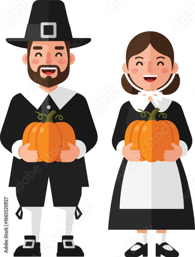 Thanksgiving pilgrims holding pumpkins illustration