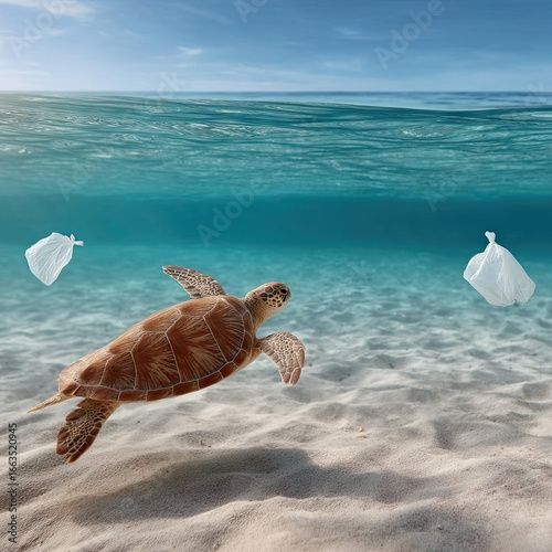 Marine Turtle Swimming Near Plastic Bags in Shallow Ocean Water