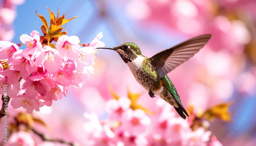 Fototapeta premium Hummingbird feeding on pink cherry blossoms against a clear blue sky.