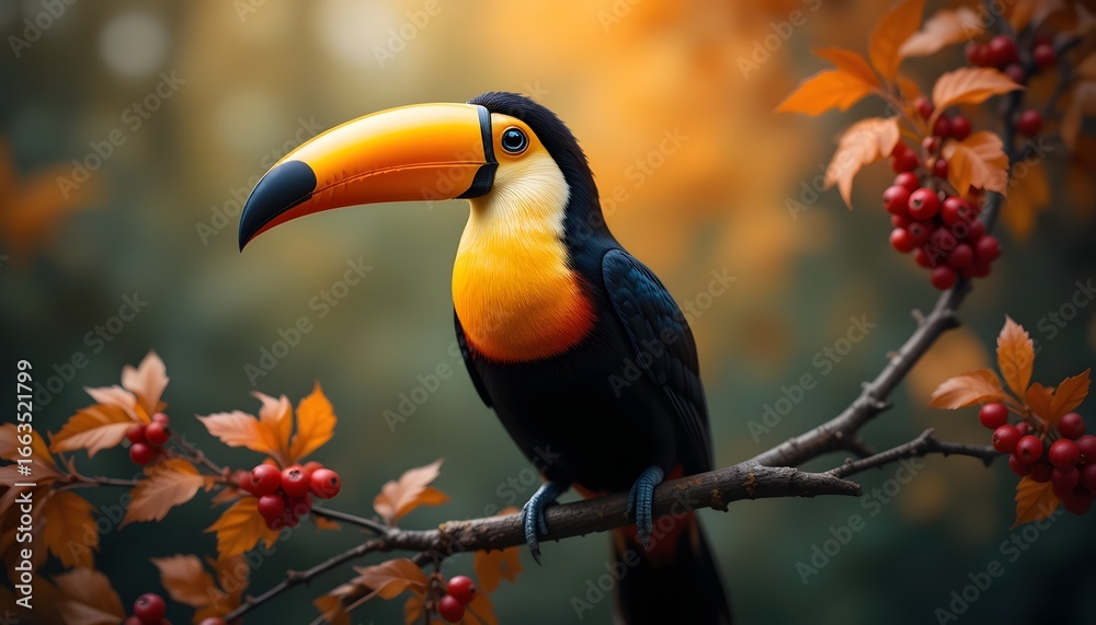 Obraz premium Vibrant toucan perched on branch with colorful beak and autumn foliage in soft golden light