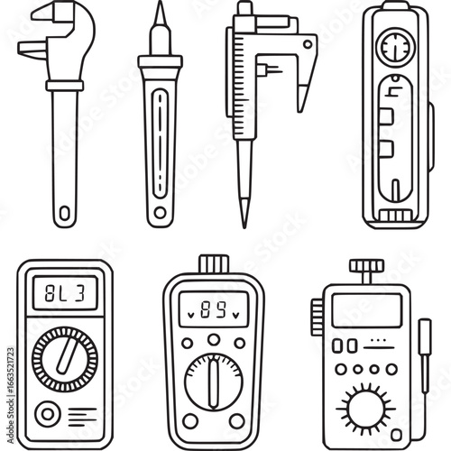 Art of collection of electrical measurement tools and devices, including multimeters and calipers, presented in a clean line art style