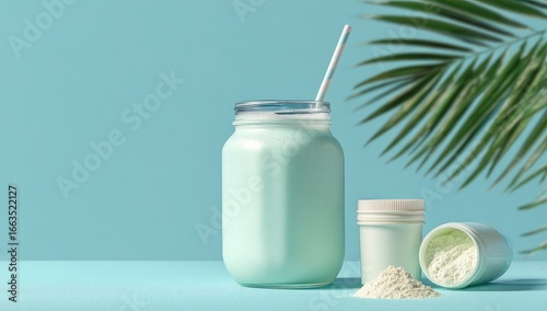 Light teal smoothie jar with powder supplement