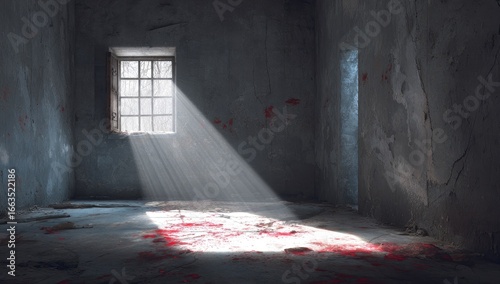Abandoned room, blood stains, sunlight