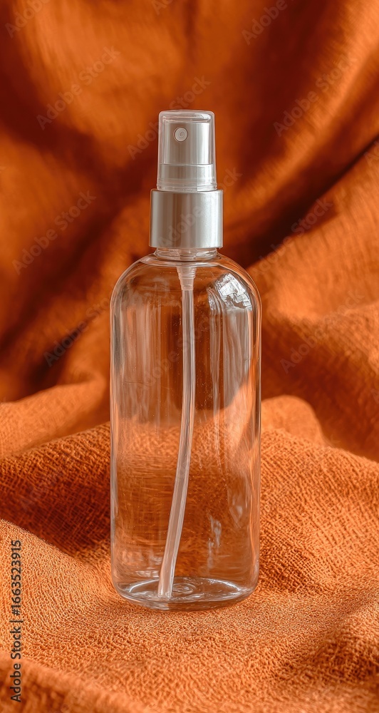 Fototapeta premium Clear spray bottle on orange fabric (1)