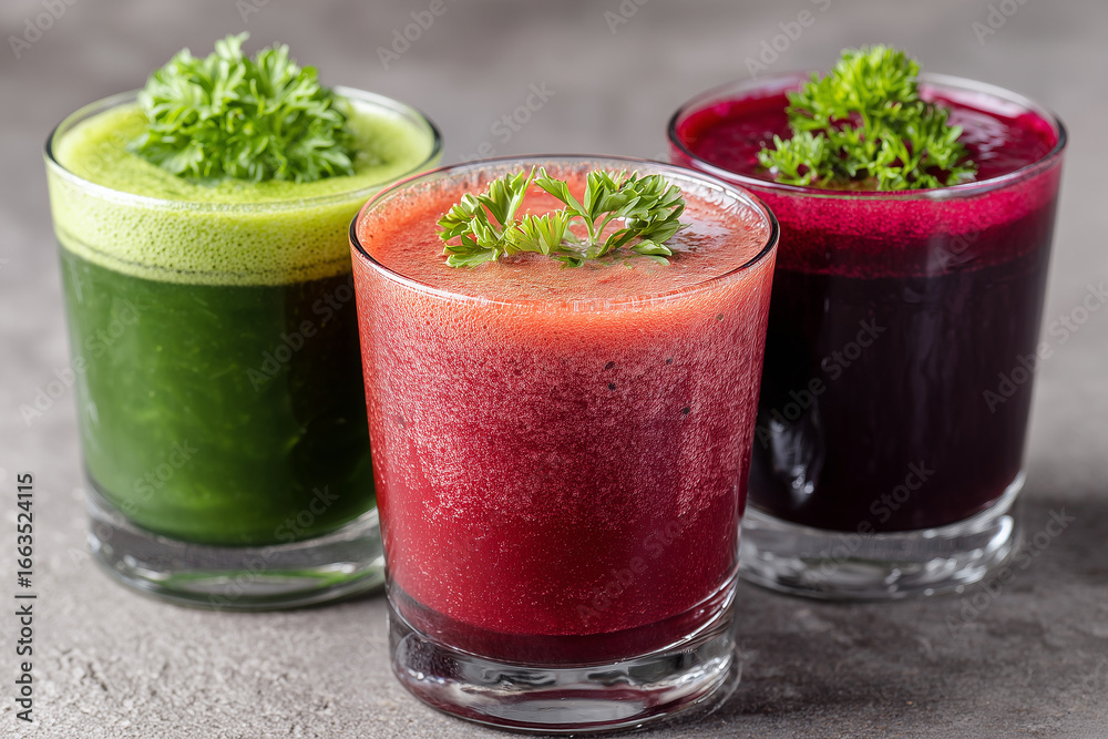 Three glasses of smoothie: tomato, spinach, beetroot on a uniform background, garnished with parsley Three glasses of smoothie: tomato, spinach, beetroot on a uniform background, garnished with parsley