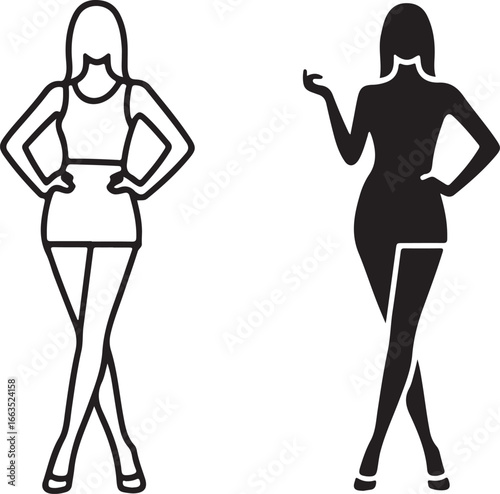 Vector art of woman in short skirt, outline and silhouette on isolated
