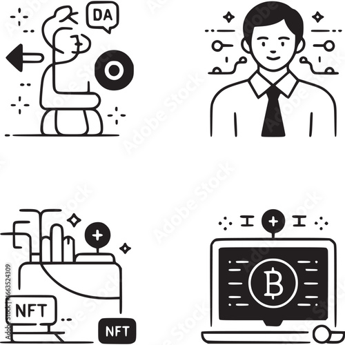 Art of a modern set of four line art icons related to finance and technology, including a businessman, bitcoin on a laptop, nfts, and a blockchain concept, all isolated on a