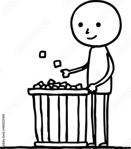 Cartoon Trash Bin Vector – Hand-Drawn Stick Figure Throwing Items Away, Minimalist Doodle for Decluttering or Deletion Themes