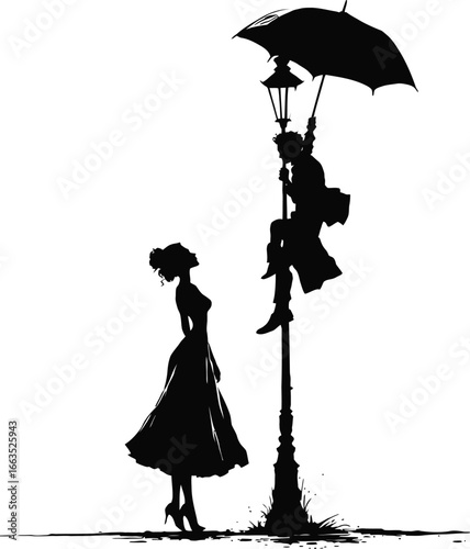 Romantic Silhouette Vector – Man with Umbrella on Lamppost Looking at Woman Below, Vintage Love Scene in Black and White