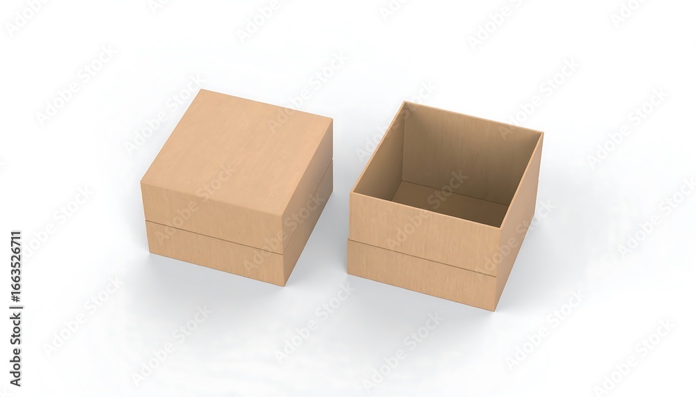 Fototapeta premium Two open square kraft paper boxes rest on a plain white background.