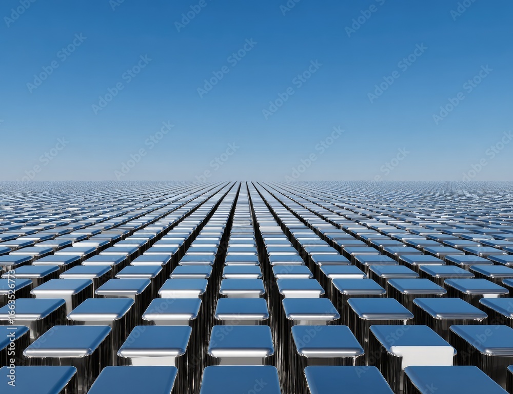 Naklejka premium Metal cubes form a vast, even grid, stretching to a vanishing point against a clear blue sky