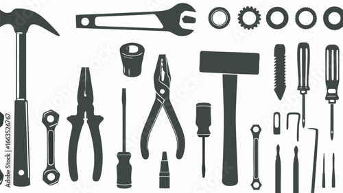 Illustration of various hand tools including hammers screwdrivers and wrenches in a monochrome style