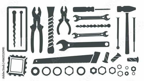 Illustration of various hand tools including wrenches pliers and fasteners in black silhouette style