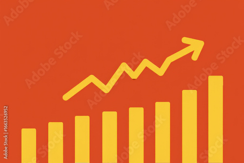 Rising Bar Graph with Upward Arrow on Red Background Illustrating Business Growth and Financial Performance Improvement Over Time