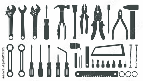 Illustration of various hand tools including wrenches screwdrivers pliers and saws in silhouette style design