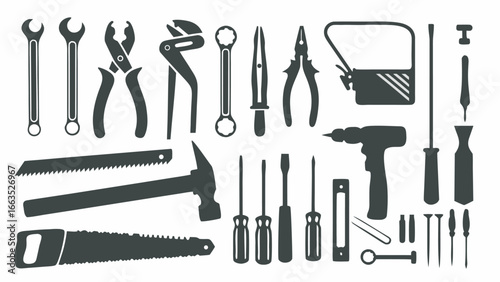 Illustration of various hand tools including wrenches pliers screwdrivers and saws in black silhouette style