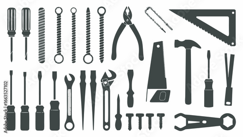Illustration showcasing an assortment of carpentry and mechanical tools in silhouette style design