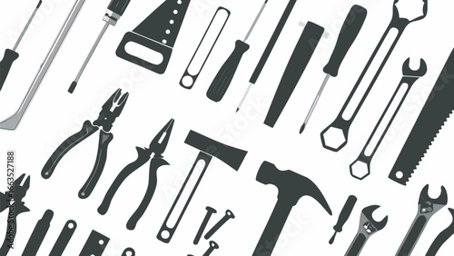 Illustration showing a collection of various hand tools including screwdrivers and pliers and wrenches