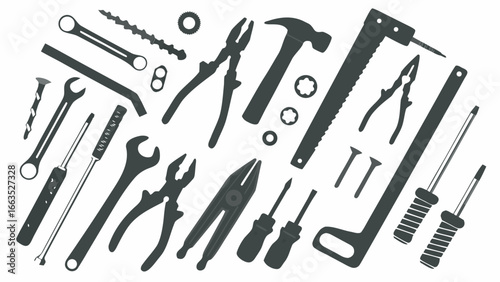 Illustration showing a collection of various hand tools including wrenches pliers screwdrivers and a hammer