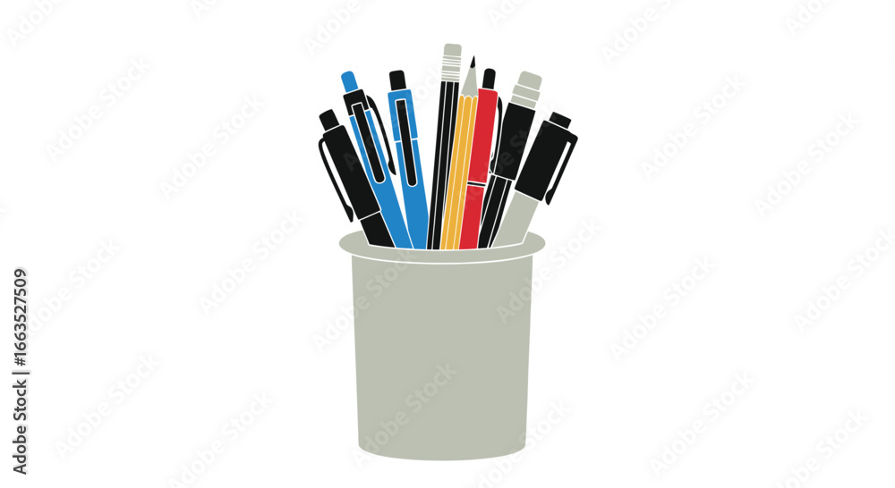 Fototapeta premium Assorted Pens and Pencils in a Gray Pen Holder