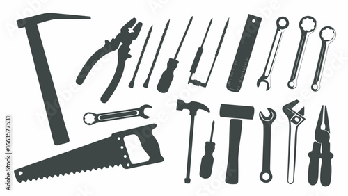 Silhouette illustration of various hand tools including hammers wrenches pliers and saws on a white background
