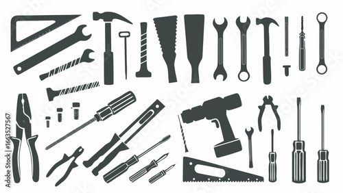 Illustration showcasing an assortment of hand tools and power tools in a monochromatic design