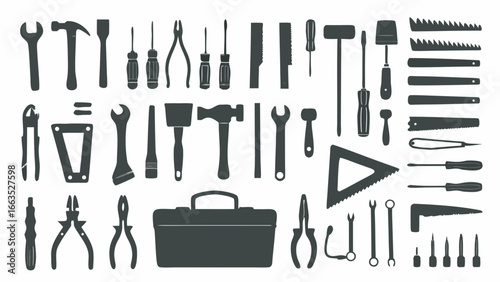 Illustration of various workshop tools including hammers wrenches screwdrivers and a toolbox in silhouette