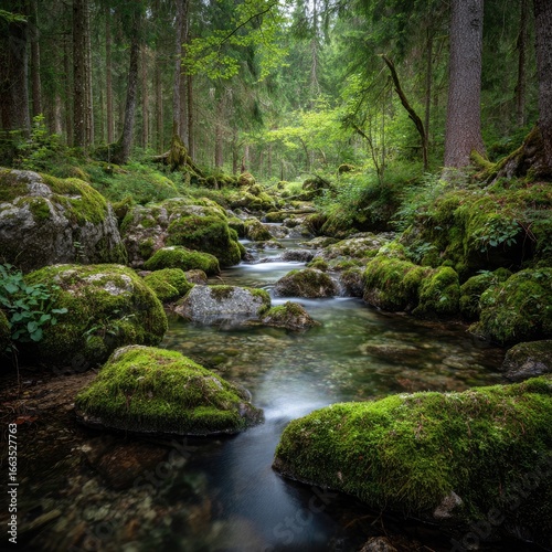 Crystal-clear stream winding through a mossy forest. Lush greenery surrounds large, moss-covered rocks.  Sunlight filters through the trees