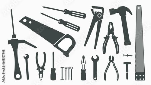 Illustration showcasing an array of various hand tools including saws, pliers, screwdrivers, and hammers